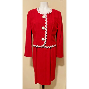 Vintage 80s Leslie Fay Red Dress Suit Women's Size 8 Ric Rac Trim